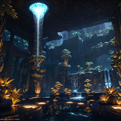 incredible black luxurious futuristic interior in ancient egyptian style with many ((lush plants)) (lotus flowers), ((palm trees...