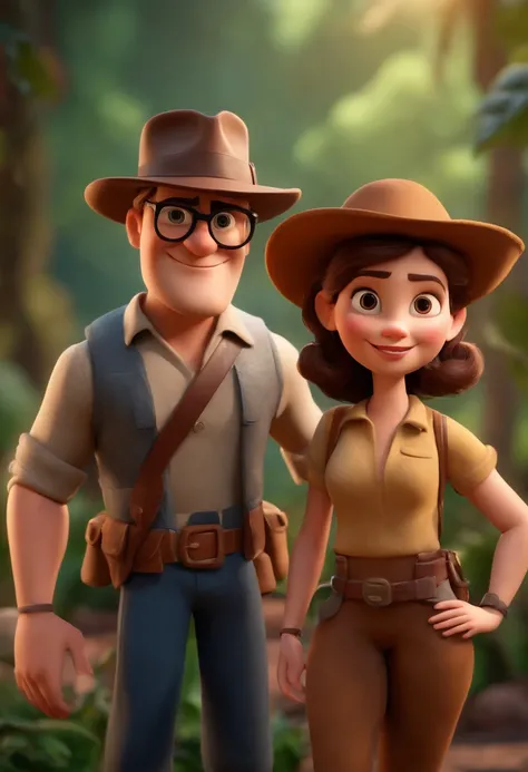 Pixar style character of a couple, the man with black glasses and hat, jovem, barba e cabelos escuros, olhos castanhos escuros, e uma camisa, carregando equipamentos de aventura com mochila nas costas, estilo indiana Jones, ,  com fundo de natureza, animat...