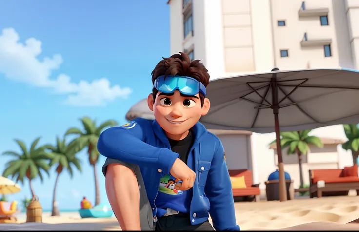 garoto sentado na praia estilo disney pixar megarealista