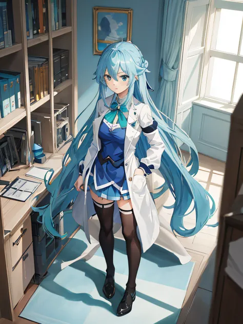 masterpiece, best quality, high quality, highres, 1girl, solo, aqua (konosuba), blue hair, long hair, blue eyes, white shirt ,long labcoat, black office skirt, thighhighs, full body, standing, hands in pockets, bored, depth of field, laboratory,