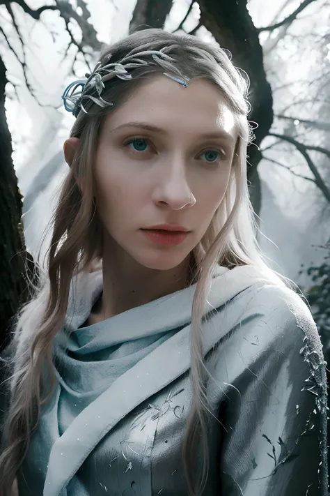 pintura do retrato de 1girl, Galadriel, Onze, blonde hair, olhos azuis, vestido branco, pele detalhada, fantasia, snowy nordic forest, estilo modelshoot, (CG extremamente detalhado), foto de belas obras de arte, (Antonio Moro), (Jeremy Mann), High detail, ...