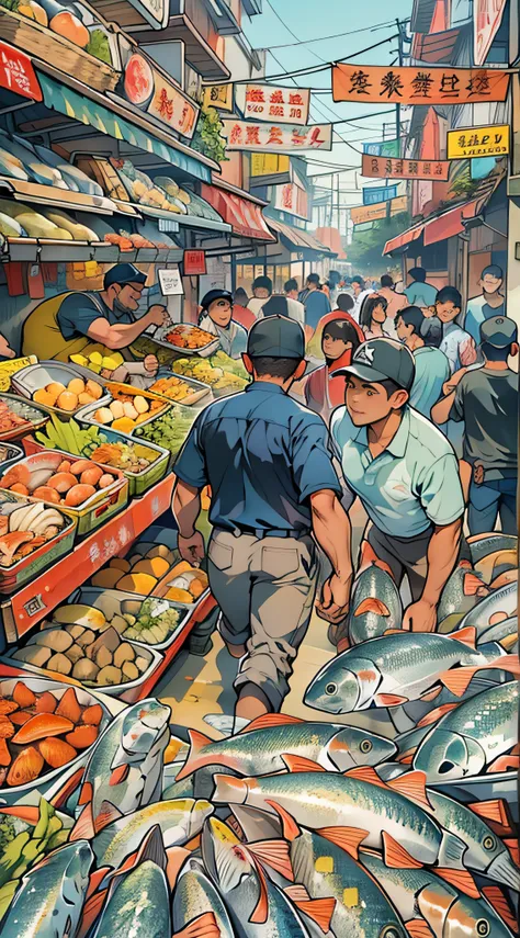 Um movimentado mercado de peixe, People running towards seafood stalls with big bags filled with various seafood products, Price tags on newsstands displaying exorbitant numbers, pessoas comprando loucamente, ,No Estilo das Estrelas Grupo de Arte Xing Xing...