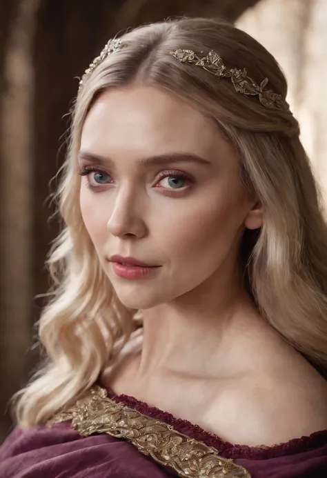 Young Elizabeth Olsen, platinum hair, purples eyes, red and golden dress, absolutely beautiful, medieval lady, ultra realistic, focus