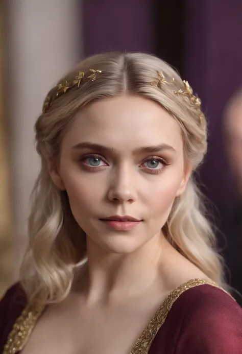 Young Elizabeth Olsen, platinum hair, purples eyes, red and golden dress, absolutely beautiful, medieval lady, ultra realistic, focus