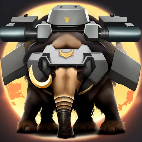 logo with a fat tactical mammoth in fun style wearing a military helmet with night vision goggles and wearing a gray t-shirt with a plain dark background + no vest + no gun + no text + no gun + no tactical plate