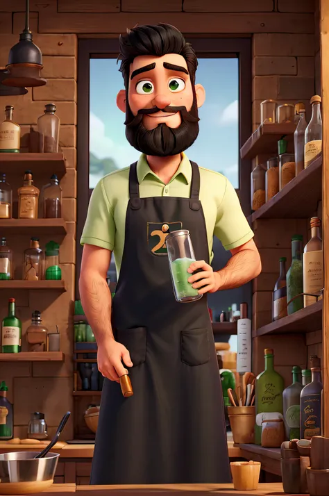 A man with a short beard and black hair and green eyes wearing an apron and with a cocktail shaker in his hand with a background with shelves full of bottles., alta qualidade, melhor qualidade