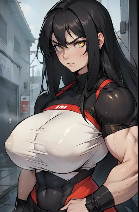 (((((1 girl))))) angry very long hair pale skin black hair yellow eyes ((((muscular)))) huge breasts sweaty foggy