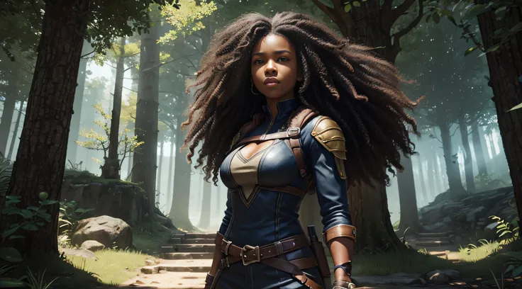 An empowered black woman with curly hair emerges as an adventurer in an adventure game scenario. wearing clothes suitable for the challenging journey she is about to face. The game environment is full of elements that suggest challenges and exploration, su...