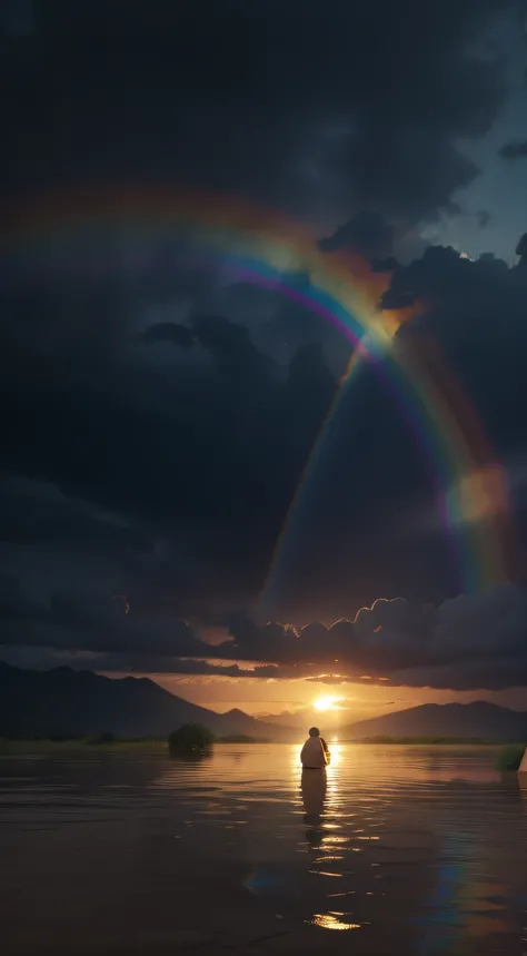 Beginning After the Flood: Imagine a scene of desolation after the flood, with the waters receding and Noah and his family coming out of the ark. Puede haber un arco iris en el cielo, simbolizando el pacto de Dios con la humanidad.