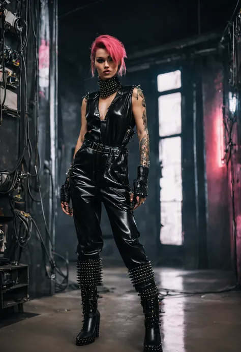 woman wearing a black PVC low-cut jumpsuit High boots chains studs and spikes , style cyberpunk neonpunk