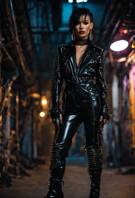 woman wearing a black PVC low-cut jumpsuit High boots chains studs and spikes , style cyberpunk neonpunk