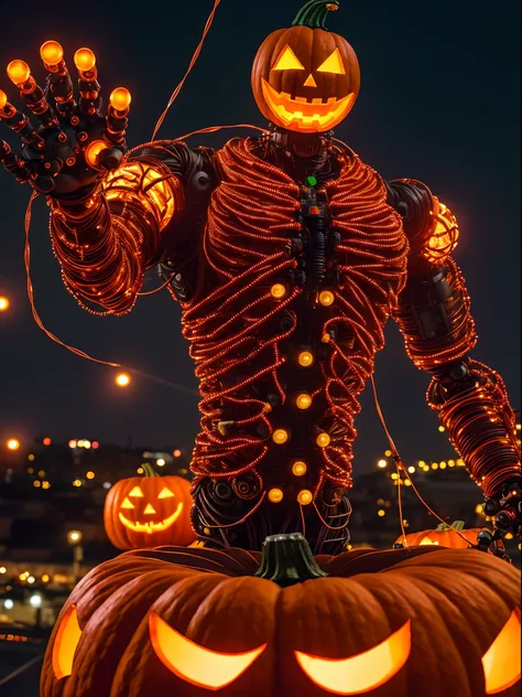 (extremely detailed 8k wallpaper), a medium shot photo of Robotic pumpkin-man, made of wires, very detailed from DC, Halloween theme, Halloween decorations, intricate, high detail, dramatic