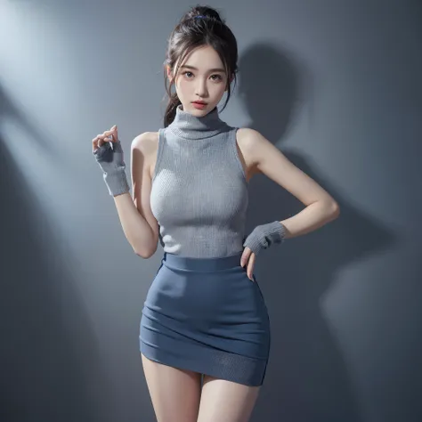 Blue-gray high-necked sleeveless one-piece tight knit skirt，Blue-gray knitted long-finger gloves