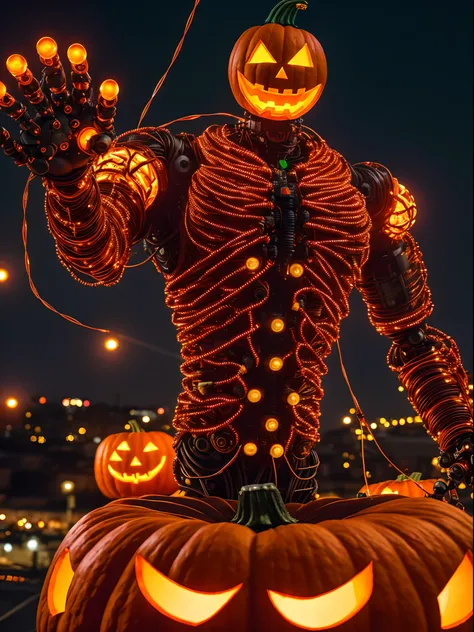 (extremely detailed 8k wallpaper), a medium shot photo of Robotic pumpkin-man, made of wires, very detailed from DC, Halloween theme, Halloween decorations, intricate, high detail, dramatic