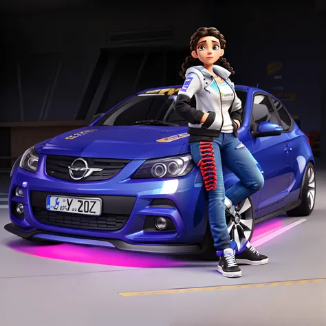 Opel Racing Vehicle Model Astra G Blue Color and White Racing Wheels, and next to him a beautiful brunette woman in a black biker jacket, curly black hair, tied like a braid on her shoulders, tight jeans and red and purple ALL star sneakers, face delicate ...