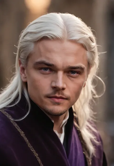 Young Leonardo DiCaprio, 17 years old, prince, with a black overcoat, platinum hair, purple eyes, Targaryen, medieval, ultra realistic, focus