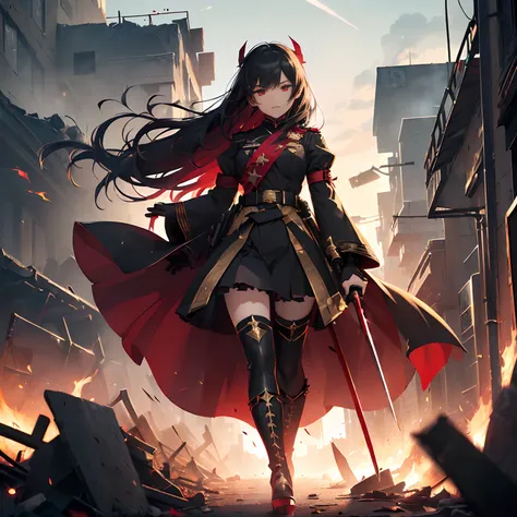 reality,Ravaged city, piles of rubble, brick buildings, one girl (18 years old, black long hair, slit, glaring, red eyes, shining eyes, delicate face, Lolita like military uniform (black base, red insert, gold decoration, frills, wide sleeves, dainty, deli...