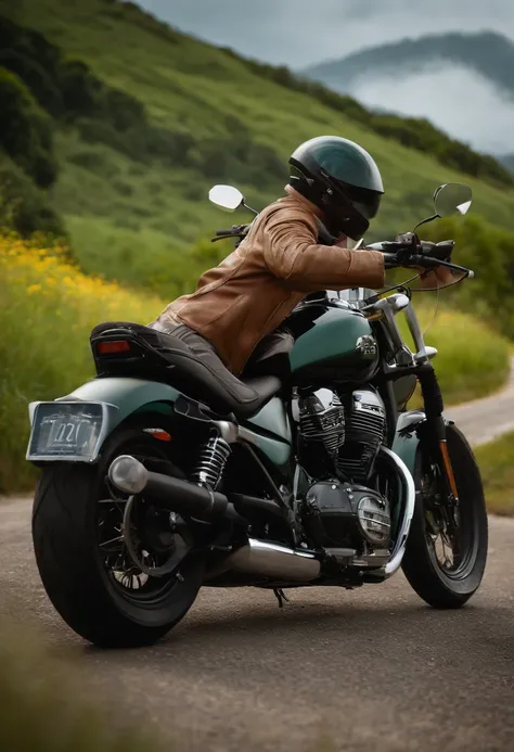 Estilo filme da Disney: Homem de all star montado em uma motocicleta custom suzuki andando por uma estrada de asfalto, com arvores, greenery and many fields around, with a view of the green mountains full of vegetation, sunrise lighting, dirigindo agradave...