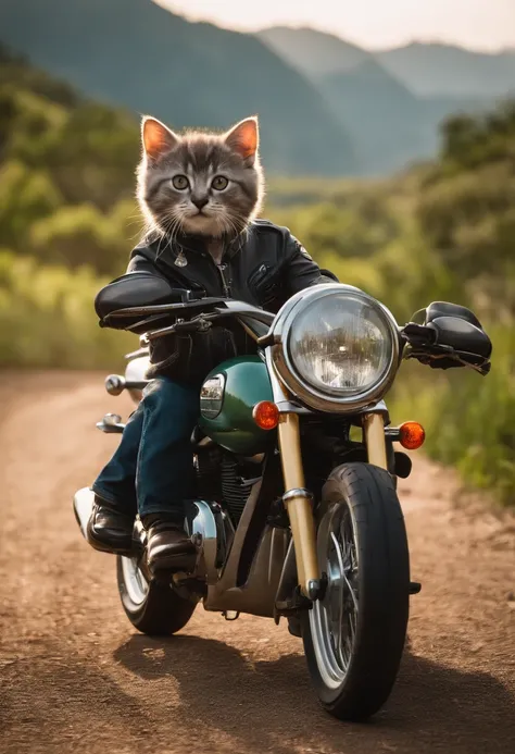 Estilo filme da Disney: Homem pouco gordo de allstar montado em uma motocicleta custom suzuki andando por uma estrada de asfalto, com arvores, greenery and many fields around, with a view of the green mountains full of vegetation, sunrise lighting, dirigin...