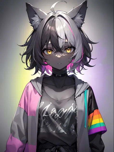 (masterpiece,best quality,ultra-detailed),1girl,black hair,dark gray hair,short hair,messy hair,(((coloured skin, grey skin))),small chest, multicolored outfit,rainbow jacket, multicolored shirt,((grey theme)),((pastel colours theme)),wolf ears