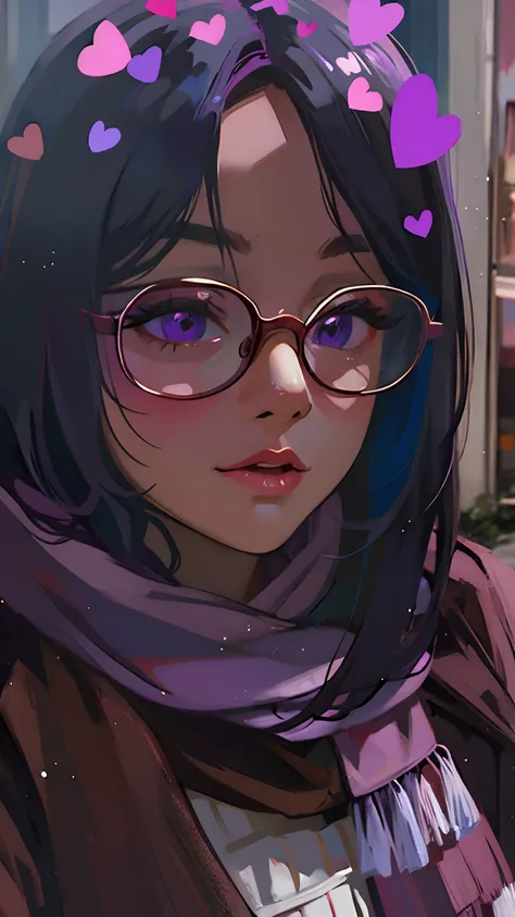 there is a woman with glasses and a scarf with hearts on it, low quality photograph, with instagram filters, very very low quality picture, low quality grainy, with glasses, grainy picture, low quality photo, purple filter, oversaturated lens flair, grainy...