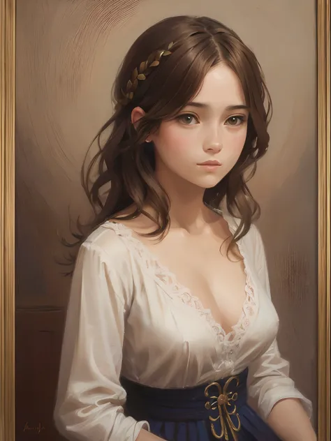 1girl, beautiful teenage girl, very small breasts, short wavy brown hair, portrait, oil painting, modern, realistic proportions, intricate, intricate details, sharp focus