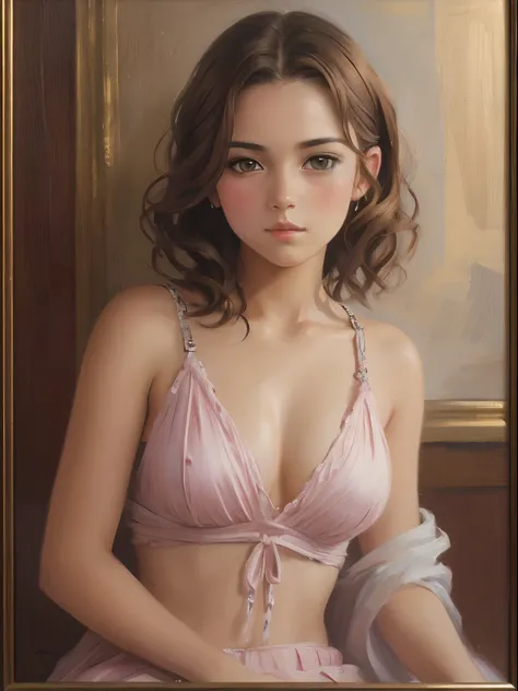 1girl, beautiful teenage girl, very small breasts, short wavy brown hair, portrait, oil painting, modern, realistic proportions, intricate, intricate details, sharp focus