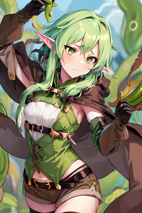 masutepiece, Best Quality, hight resolution, 1girl in, elf, pointy ear, Green hair, Long hair, side locks, Hair Bow, Small breasts, cloaks, Green eyes, Black Gloves, Brown shorts, green thighhighs, Short shorts, Belt bag,embarassed expression、((Caught by t...