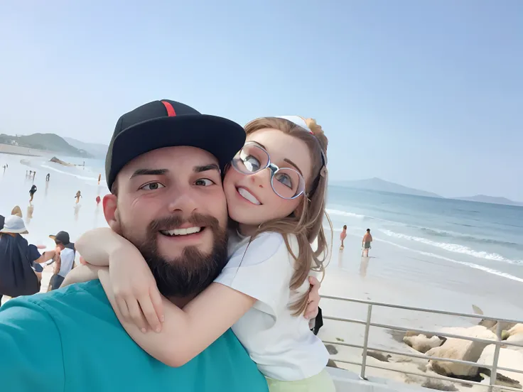 White man with beard wearing black cap with a girl with glasses hugging him with the beach in the background