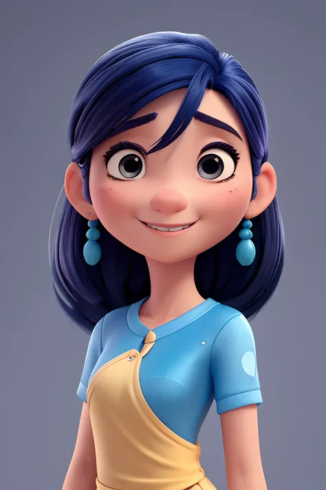 Estilo Pixar, avatar dos desenhos animados, mulher jovem, cabelos pretos cacheados, olhos escuros, sardas, designer, kpopper, sorrindo