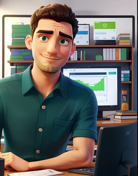 mechanical engineer, In front of office desk with a computer with the screen of a project, arm crossed, camisa azul, cabelo bem preto e curto, olhos verdes, barba grande, 26 anos