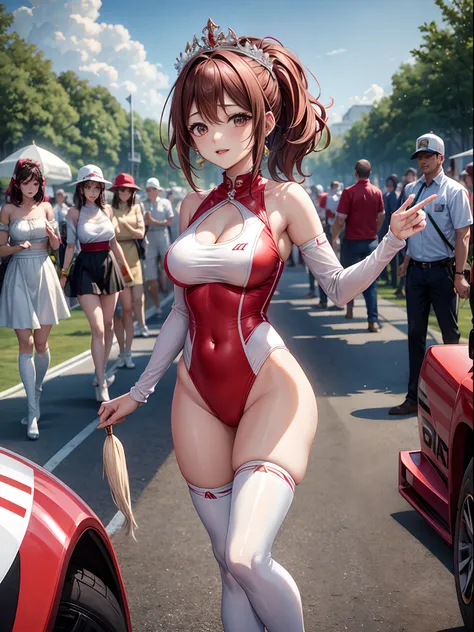 top-quality、Full limbs、complete fingers、1girl、((one beautiful women、独奏))、Beautiful Large Breasts、Medium hair、poneyTail、Race Queen Costume、Woman in red and white leotard with logo、Red arm cover、Tricolor parasol standing、Woman in long white boots、F1 Circuit、...