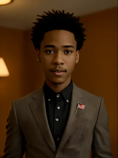 Fake Pixar film 20 year old black boy, 1.66 tall, short curly hair, American cut with mustache and braces, who wears a very stylish suit called Fernando