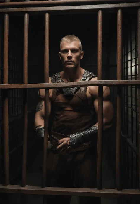 Arafed man standing in a prison cell with a caged door, Die Antwoord Videoclipe, ainda do filme viu, filme ainda de ciborgue, still from a music video, Ainda de Alita, carbono alterado, Filme ainda de ciborgue asteca, roupas de couro sob a armadura, mancha...