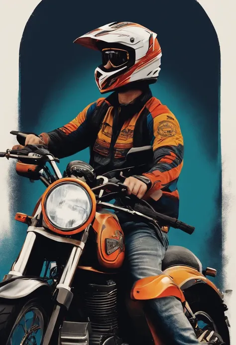 Imagem de um menino gorducho, camiseta branca, capacete, moto, desenho animado