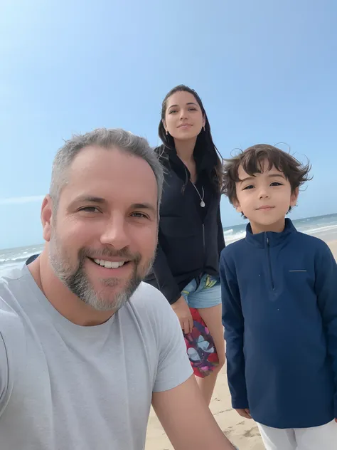 There are two people and a child on the beach, standing near the beach, na praia, imagem de perfil, standing at the beach, vacation photo, marido esposa e filho, em uma praia, foto de praia, no mar, no oceano, posando em uma praia com o oceano, Fotografia ...