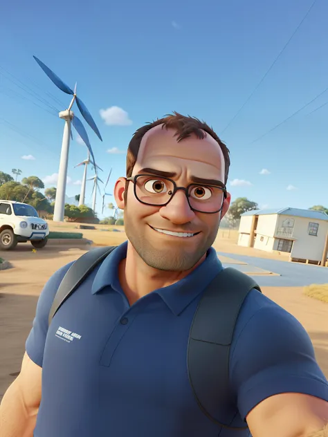 Pode melhorar barba. Make the whole body strong in the style of jason statham. que aparecem botas de seguranca. Man stands background in a wind farm in one hand a book in the style of Disney pixar best quality, maior qualidade.