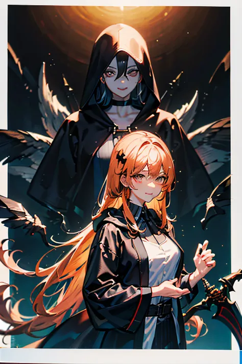 Grim Reaper and Cute Hooded Girl,The Grim Reaper emerges from the swirling shadows.Stand in the Cemetery of Forgotten Souls.(Grim Reaper protecting a girl from behind:1.3,)Wielding a scythe,(Light brown and light orange striped hair:1.3,),Dark makeup,Beaut...