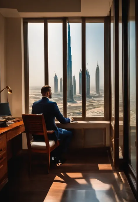 Homme daffaire en costume ,assis a son bureau, Window behind him, avec une belle vue sur dubai en arrere plan