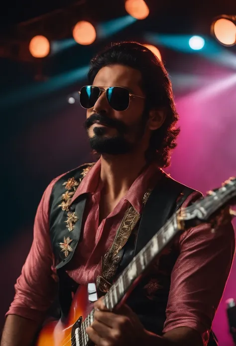 Estilo capa filme puxar, homem 30 anos cabelo samurai, barba, 3d puxar, sunglasses, tocando guitarra estilo fender, com quadros do Queen e pink Floyd ao fundo, with title "Jackson Rodrigues"