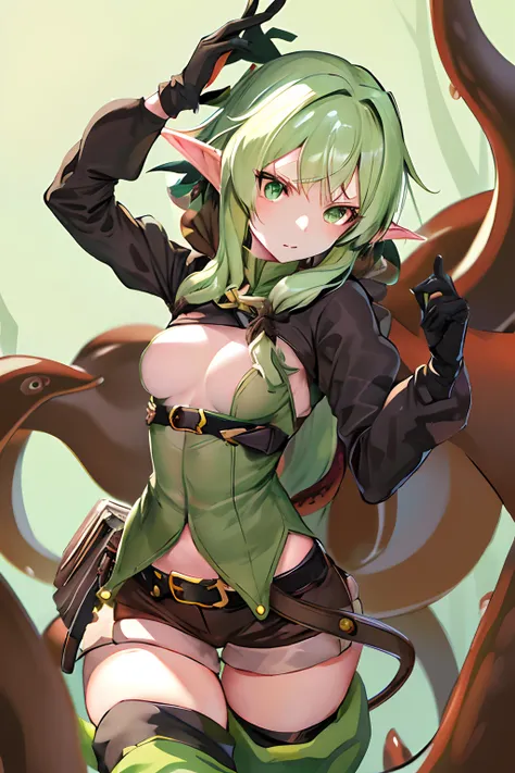 masutepiece, Best Quality, hight resolution, 1girl in, elf, pointy ear, Green hair, Long hair, side locks, Hair Bow, Small breasts, cloaks, Green eyes, Black Gloves, Brown shorts, green thighhighs, Short shorts, Belt bag,embarassed expression、((Caught by t...