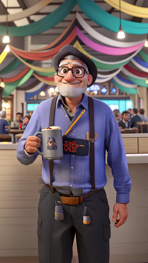 A gray-haired man in glasses in typical German costume holding a mug of draft beer in Disney Pixar style, alta qualidade, melhor qualidade