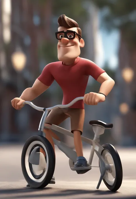 Cartoon character of a man with white glasses and black lens, cabelo cacheado comprido  preto escuro e uma camisa xadrez, usando capacete em uma bicicleta vermelha estilo montain bike, animation character, Caractere estilizado, animation style rendering, 3...