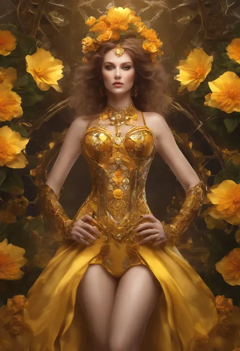 absurderes, A high resolution, Ultra detailed, (1girll:1.3), Fantasy steampunk costumes , Psychedelic, fractal patterns, geometric figure, Dynamic, Bright colors, (Flowers, petals), (Gold and yellow:1), boobs visible under glossy dress