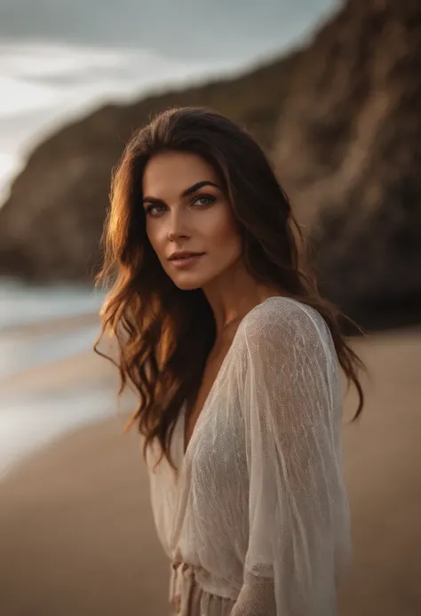 A brunette woman in her 20s without a bikini, grandes senos, Ojos color avellana, fotorrealista, Escena de playa