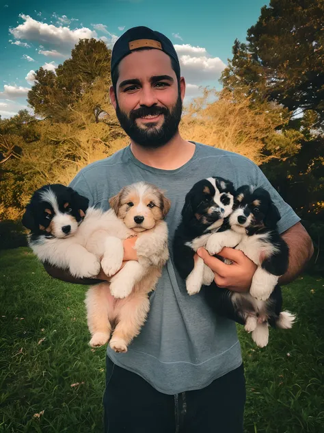 Theres a man holding three puppies in his hands, Filhotes, with dogs, Directed by: Matt Cavotta, retrato de alta qualidade, Anthony, family portrait, Aussie, belos arredores, mid portrait, meninos bonitos, Directed by: Jakob Gauermann, Postagem no Reddit, ...