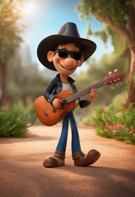 Personagem de desenho animado Disney ,3d,Estilo capa filme pixar, homem 30 anos, cabelo coque , black hat, barba, 3d pixar, sunglasses, tocando guitarra estilo fender, com quadros do Queen e pink Floyd ao fundo, with title "Jackson Rodrigues"