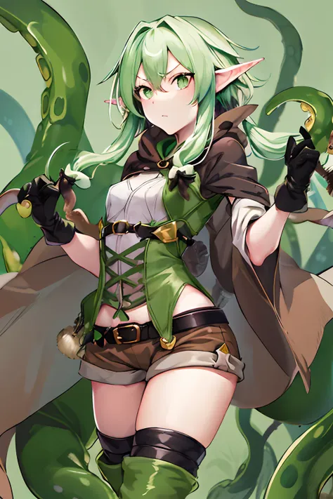 masutepiece, Best Quality, hight resolution, 1girl in, elf, pointy ear, Green hair, Long hair, side locks, Hair Bow, Small breasts, cloaks, Green eyes, Black Gloves, Brown shorts, green thighhighs, Short shorts, Belt bag,embarassed expression、((Caught by t...