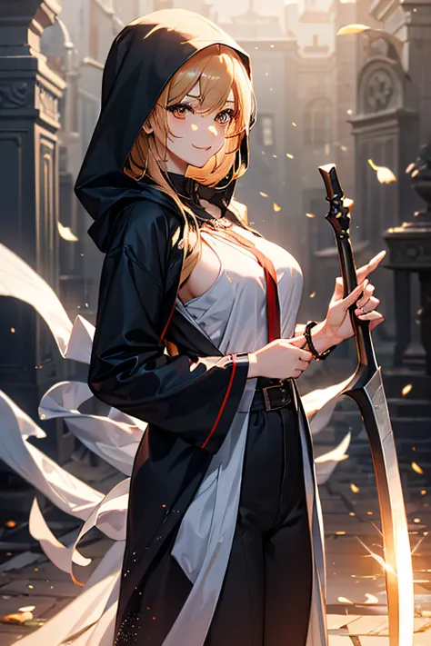 Grim Reaper and Cute Hooded Girl,The Grim Reaper emerges from the swirling shadows.Stand in the Cemetery of Forgotten Souls.(Grim Reaper protecting a girl from behind:1.3,)Wielding a scythe,(Light brown and light orange striped hair:1.3,),Dark makeup,Beaut...