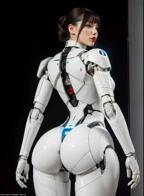 Highest quality, rear angle, realistic, (Sleek white Robot with feminine features), red lipstick, big ass, (boston dynamics), DARPA black project, mechanical joints, robotic parts, plastic, silicone, sex robot, unreal engine, RTX, ambient lighting, photogr...